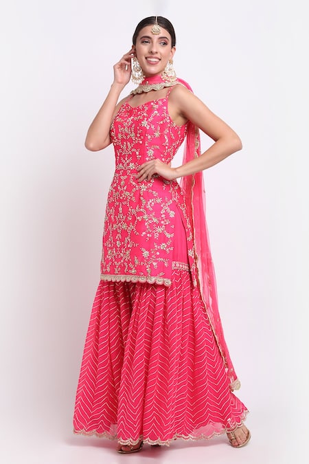 Buy_Priyanka Jain_Pink Dupion, Georgette And Net Lining Shantoon Cutdana, Sequin Kurta Sharara Set _Online_at_Aza_Fashions
