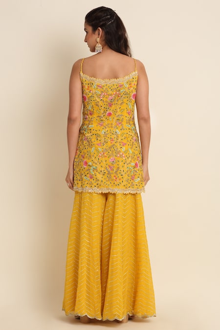 Shop Priyanka Jain Yellow Georgette And Organza Lining Shantoon Cutdana, Sequin & Kurta Sharara Set at Aza Fashions Shop_Priyanka Jain_Yellow Georgette And Organza Lining Shantoon Cutdana, Sequin & Kurta Sharara Set _at_Aza_Fashions
