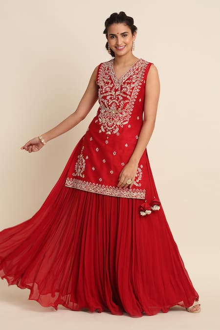 Buy_Priyanka Jain_Red Dupion, Georgette And Organza Lining Shantoon Cutdana, Kurta Lehenga Set _Online_at_Aza_Fashions