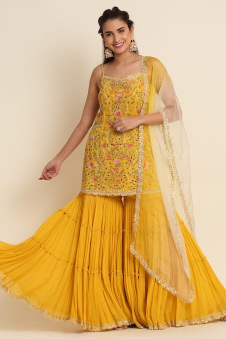 Priyanka Jain Yellow Georgette And Organza Lining Shantoon Embroidery Thread Kurta Sharara Set 