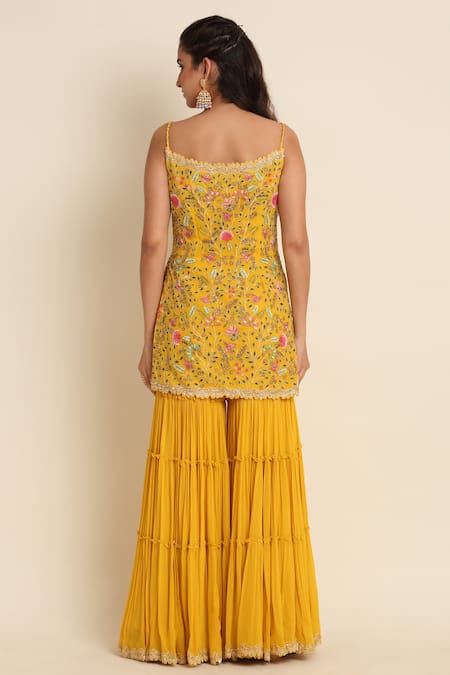 Shop_Priyanka Jain_Yellow Georgette And Organza Lining Shantoon Cutdana & Bead, Kurta Sharara Set _at_Aza_Fashions