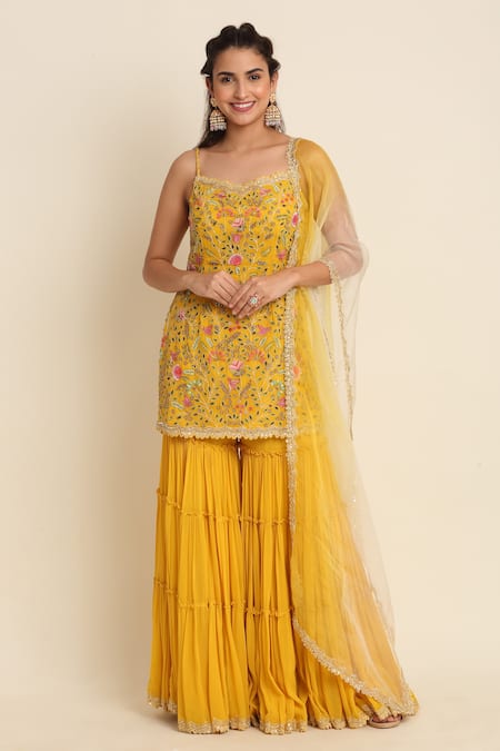 Priyanka Jain_Yellow Georgette And Organza Lining Shantoon Cutdana & Bead, Kurta Sharara Set _Online_at_Aza_Fashions
