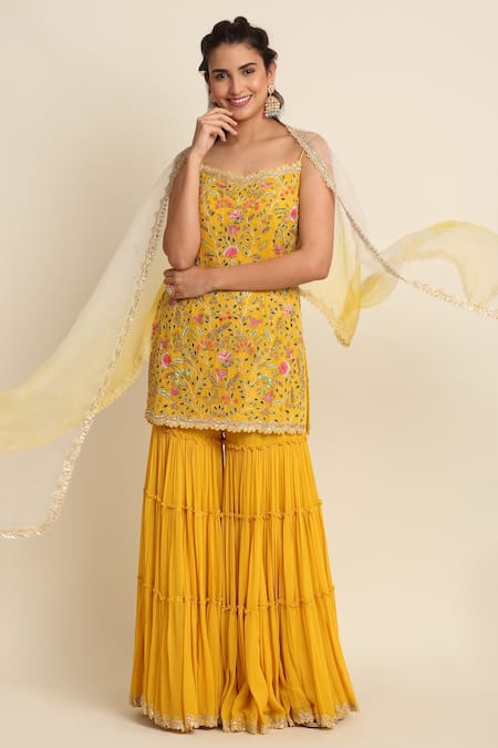 Buy_Priyanka Jain_Yellow Georgette And Organza Lining Shantoon Cutdana & Bead, Kurta Sharara Set _Online_at_Aza_Fashions