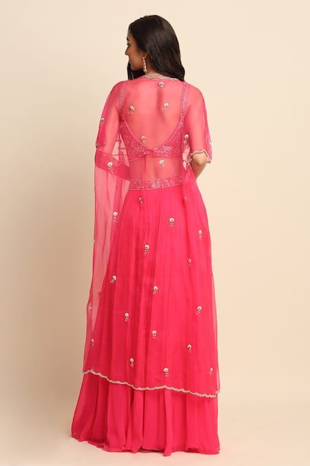 Shop Priyanka Jain Pink Dupion, Georgette And Organza Lining Shantoon Cutdana, Cape & Sharara Set at Aza Fashions Shop_Priyanka Jain_Pink Dupion, Georgette And Organza Lining Shantoon Cutdana, Cape & Sharara Set _at_Aza_Fashions