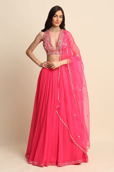 Buy_Priyanka Jain_Pink Dupion, Georgette And Organza Lining Shantoon Cutdana, Sequin & Lehenga Set _Online_at_Aza_Fashions