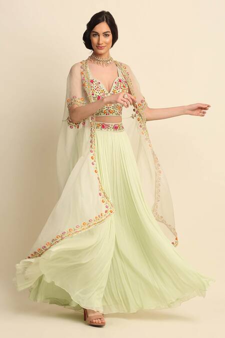 Priyanka Jain_Green Chanderi, Georgette And Organza Lining Shantoon Cape & Sharara Set _Online_at_Aza_Fashions