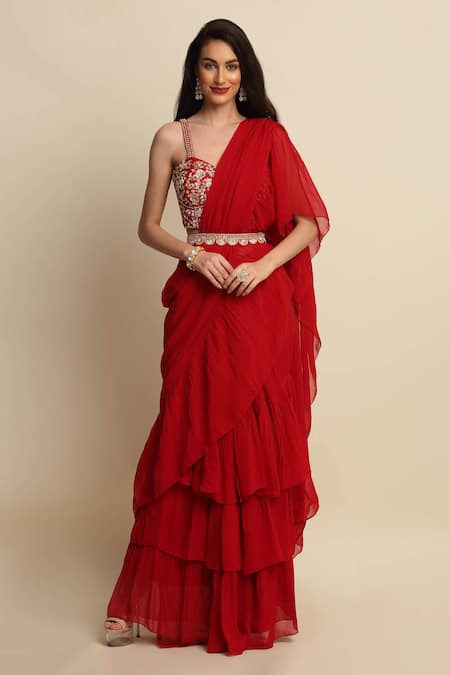 Priyanka Jain_Red Dupion And Georgette Lining Shantoon Cutdana, Ruffle Saree With Blouse _Online_at_Aza_Fashions