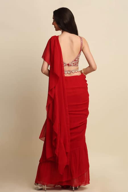 Shop_Priyanka Jain_Red Dupion And Georgette Lining Shantoon Cutdana, Ruffle Saree With Blouse _at_Aza_Fashions