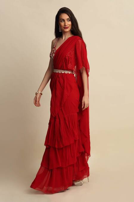 Buy_Priyanka Jain_Red Dupion And Georgette Lining Shantoon Cutdana, Ruffle Saree With Blouse _Online_at_Aza_Fashions