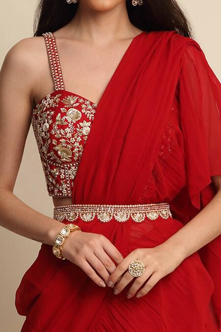 Shop_Priyanka Jain_Red Dupion And Georgette Lining Shantoon Cutdana, Ruffle Saree With Blouse _Online_at_Aza_Fashions