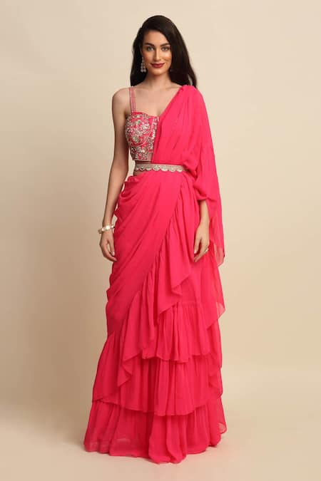 Buy_Priyanka Jain_Pink Dupion And Georgette Lining Shantoon Cutdana, Ruffle Saree With Blouse _Online_at_Aza_Fashions