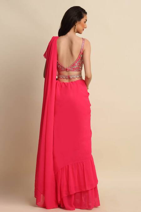 Shop_Priyanka Jain_Pink Dupion And Georgette Lining Shantoon Cutdana, Ruffle Saree With Blouse _at_Aza_Fashions