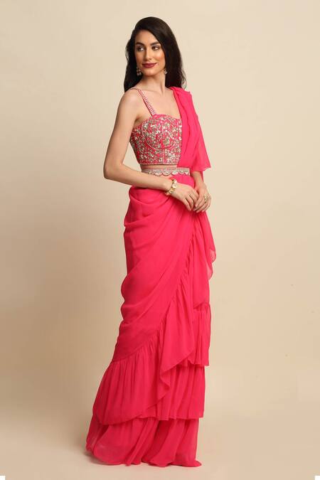 Priyanka Jain_Pink Dupion And Georgette Lining Shantoon Cutdana, Ruffle Saree With Blouse _Online_at_Aza_Fashions