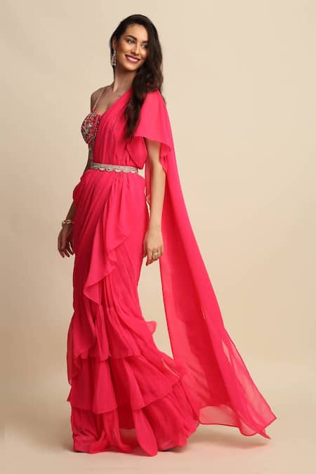 Shop_Priyanka Jain_Pink Dupion And Georgette Lining Shantoon Cutdana, Ruffle Saree With Blouse _Online_at_Aza_Fashions