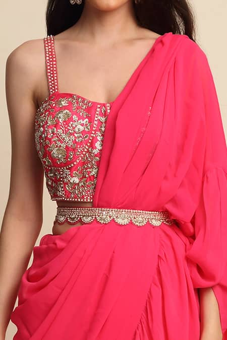 Priyanka Jain_Pink Dupion And Georgette Lining Shantoon Cutdana, Ruffle Saree With Blouse _at_Aza_Fashions