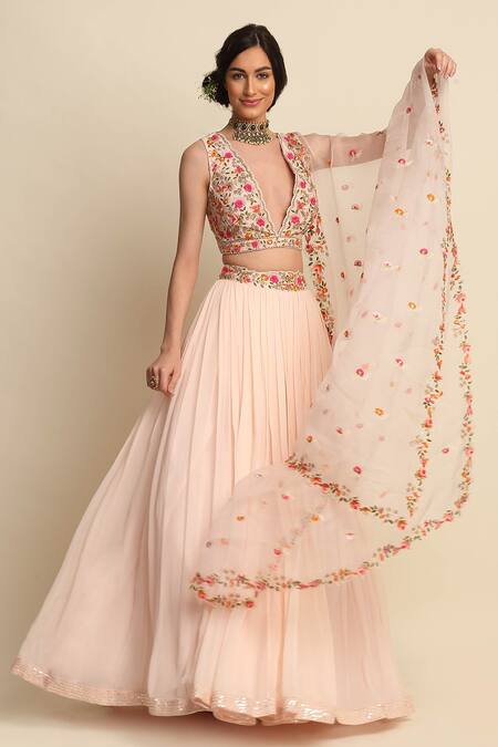 Buy_Priyanka Jain_Pink Chanderi, Georgette And Organza Lining Shantoon Cutdana, Sequin Lehenga Set _Online_at_Aza_Fashions