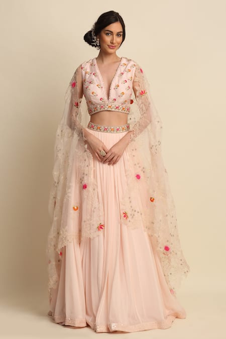 Priyanka Jain Pink Chanderi Embroidery Thread V Neck Lehenga Set 