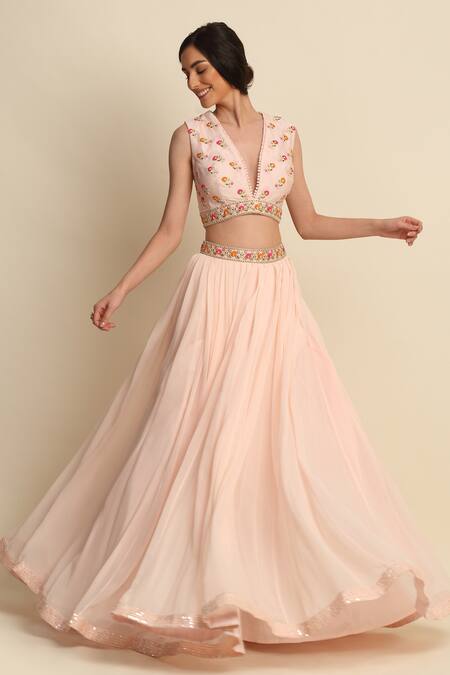 Priyanka Jain_Pink Chanderi, Georgette And Organza Lining Shantoon Cutdana, Sequin Lehenga Set _Online_at_Aza_Fashions