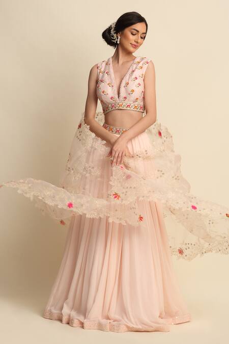 Buy_Priyanka Jain_Pink Chanderi, Georgette And Organza Lining Shantoon Cutdana, Sequin Lehenga Set _Online_at_Aza_Fashions