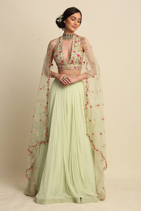 Priyanka Jain Green Chanderi Embroidery Thread V Neck Lehenga Set 