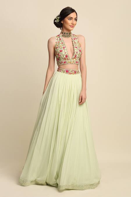 Buy_Priyanka Jain_Green Chanderi, Georgette And Organza Lining Shantoon Cutdana, Lehenga Set _Online_at_Aza_Fashions