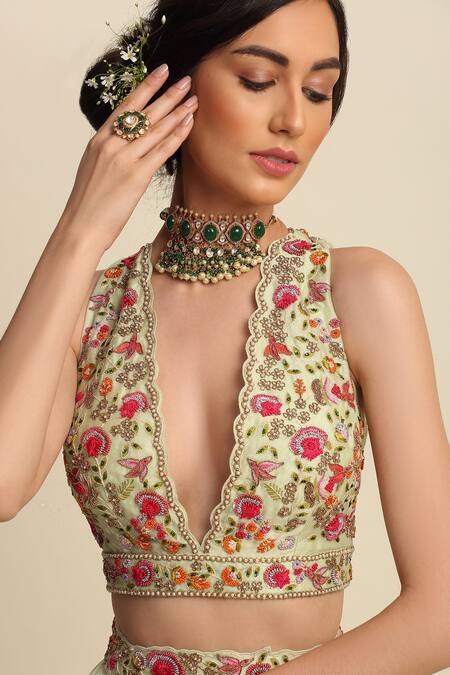 Shop_Priyanka Jain_Green Chanderi, Georgette And Organza Lining Shantoon Cutdana, Lehenga Set _Online_at_Aza_Fashions