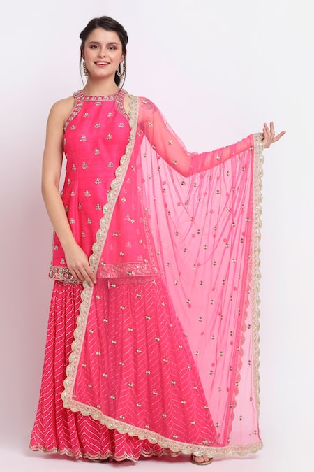 Priyanka Jain_Pink Dupion, Georgette And Net Lining Shantoon Cutdana, Kurta & Sharara Set _Online_at_Aza_Fashions