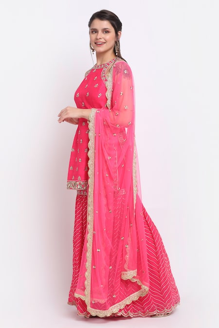 Buy_Priyanka Jain_Pink Dupion, Georgette And Net Lining Shantoon Cutdana, Kurta & Sharara Set _Online_at_Aza_Fashions