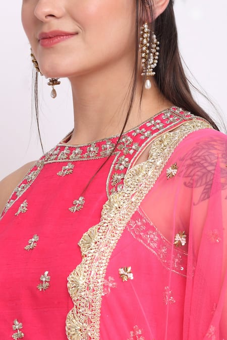Shop_Priyanka Jain_Pink Dupion, Georgette And Net Lining Shantoon Cutdana, Kurta & Sharara Set _Online_at_Aza_Fashions
