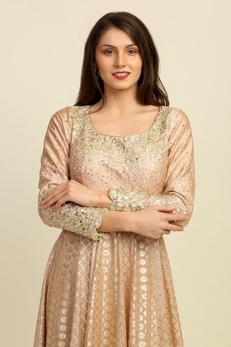 Shop Priyanka Jain Gold Chanderi, Dupion And Net Lining Shantoon Thread & Sequin Round Anarkali Set Online at Aza Fashions Shop_Priyanka Jain_Gold Chanderi, Dupion And Net Lining Shantoon Thread & Sequin Round Anarkali Set _Online_at_Aza_Fashions