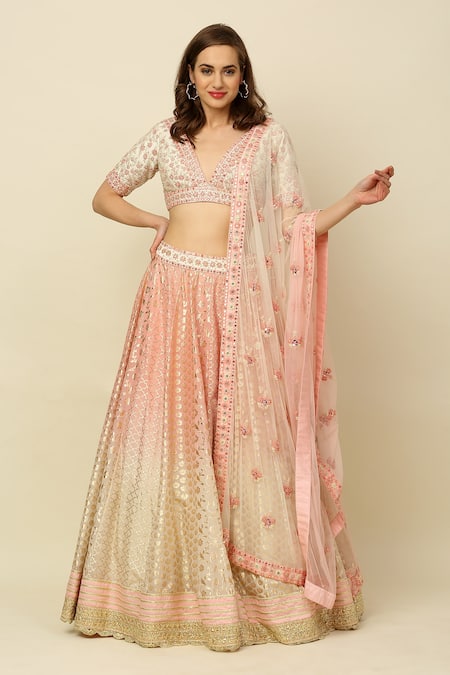 Buy_Priyanka Jain_Pink Chanderi, Dupion And Net Lining Shantoon Mirror & Sequin, Lehenga Set _Online_at_Aza_Fashions