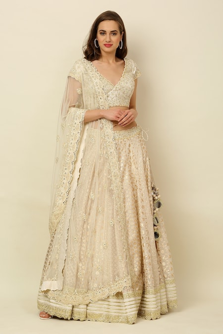 Priyanka Jain_White Chanderi, Dupion And Net Lining Shantoon Mirror & Sequin, Lehenga Set _Online_at_Aza_Fashions