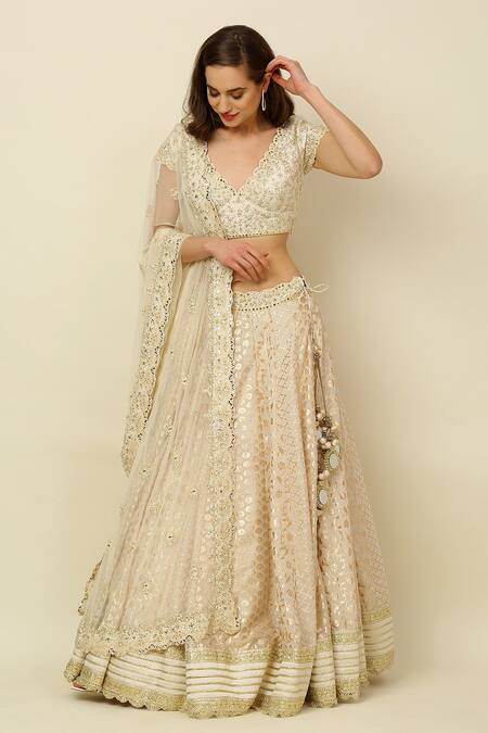 Buy_Priyanka Jain_White Chanderi, Dupion And Net Lining Shantoon Mirror & Sequin, Lehenga Set _Online_at_Aza_Fashions