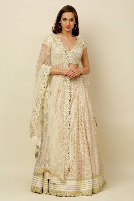 Shop_Priyanka Jain_White Chanderi, Dupion And Net Lining Shantoon Mirror & Sequin, Lehenga Set _Online_at_Aza_Fashions