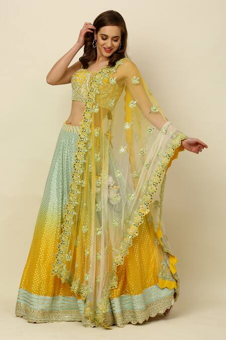 Buy_Priyanka Jain_Yellow Chanderi, Dupion And Net Lining Shantoon Mirror & Sequin, Lehenga Set _Online_at_Aza_Fashions