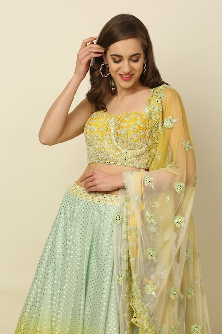 Shop_Priyanka Jain_Yellow Chanderi, Dupion And Net Lining Shantoon Mirror & Sequin, Lehenga Set _Online_at_Aza_Fashions