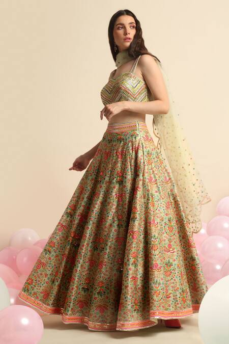 Buy_Priyanka Jain_Green Organza, Dupion Silk Floral Sweetheart Neck Print Bridal Lehenga Set _Online_at_Aza_Fashions