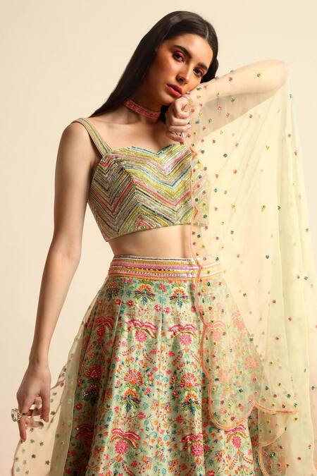 Shop_Priyanka Jain_Green Organza, Dupion Silk Floral Sweetheart Neck Print Bridal Lehenga Set _Online_at_Aza_Fashions