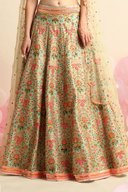 Priyanka Jain_Green Organza, Dupion Silk Floral Sweetheart Neck Print Bridal Lehenga Set _at_Aza_Fashions