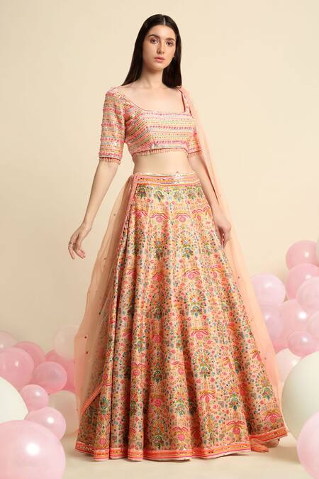 Priyanka Jain_Peach Organza, Dupion Silk Floral Square Neck Embroidered Bridal Lehenga Set _Online_at_Aza_Fashions