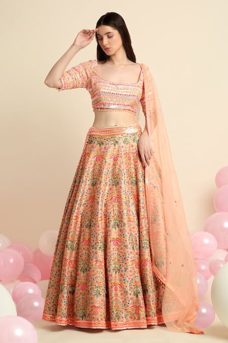 Buy_Priyanka Jain_Peach Organza, Dupion Silk Floral Square Neck Embroidered Bridal Lehenga Set _Online_at_Aza_Fashions