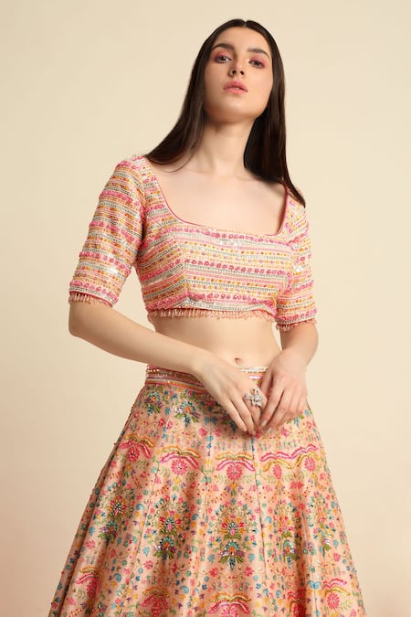 Shop_Priyanka Jain_Peach Organza, Dupion Silk Floral Square Neck Embroidered Bridal Lehenga Set _Online_at_Aza_Fashions