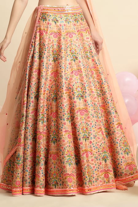 Priyanka Jain_Peach Organza, Dupion Silk Floral Square Neck Embroidered Bridal Lehenga Set _at_Aza_Fashions