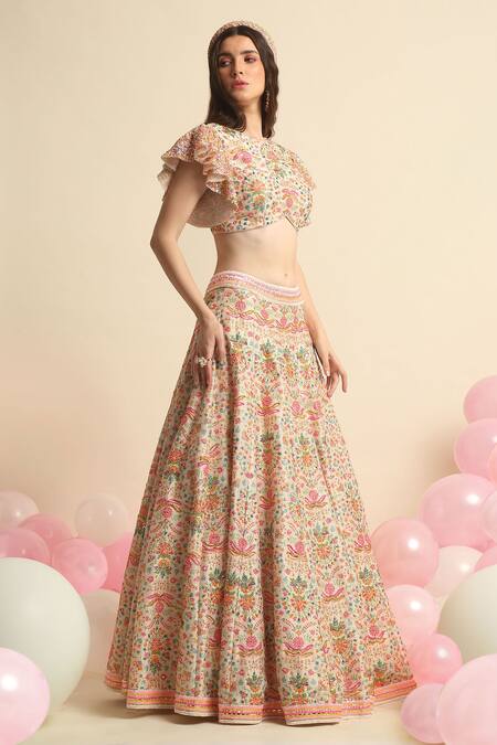 Priyanka Jain White Net, Dupion Silk Floral Round Embroidered Lehenga Set Online at Aza Fashions Priyanka Jain_White Net, Dupion Silk Floral Round Embroidered Lehenga Set _Online_at_Aza_Fashions