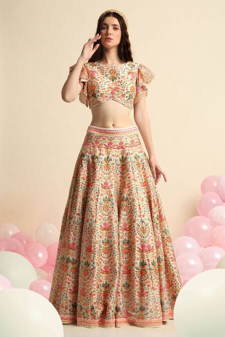 Buy Priyanka Jain White Net, Dupion Silk Floral Round Embroidered Lehenga Set Online at Aza Fashions Buy_Priyanka Jain_White Net, Dupion Silk Floral Round Embroidered Lehenga Set _Online_at_Aza_Fashions