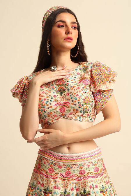 Shop Priyanka Jain White Net, Dupion Silk Floral Round Embroidered Lehenga Set Online at Aza Fashions Shop_Priyanka Jain_White Net, Dupion Silk Floral Round Embroidered Lehenga Set _Online_at_Aza_Fashions