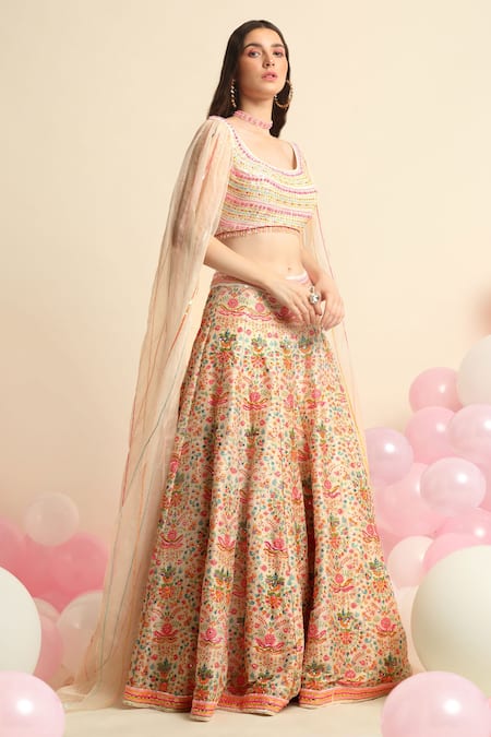 Priyanka Jain_White Organza, Dupion Silk Floral Scoop Neck Lehenga And Cape Sleeve Blouse Set _Online_at_Aza_Fashions