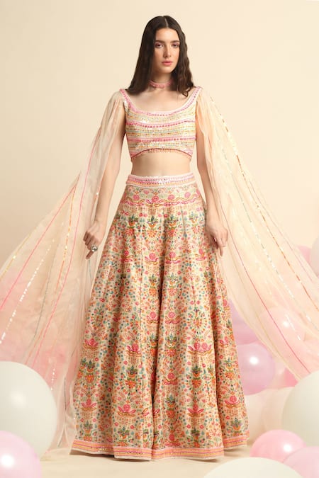 Buy_Priyanka Jain_White Organza, Dupion Silk Floral Scoop Neck Lehenga And Cape Sleeve Blouse Set _Online_at_Aza_Fashions