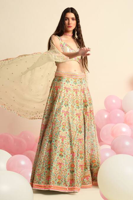 Priyanka Jain_Green Organza, Dupion Silk Floral V Neck Embroidered Bridal Lehenga Set _Online_at_Aza_Fashions