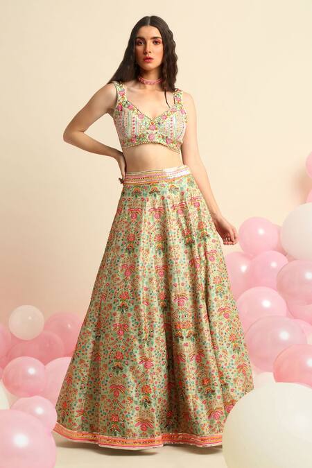 Buy_Priyanka Jain_Green Organza, Dupion Silk Floral V Neck Embroidered Bridal Lehenga Set _Online_at_Aza_Fashions